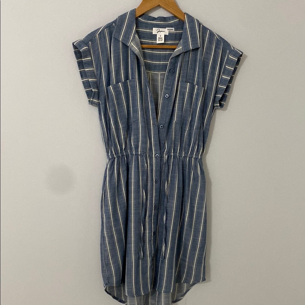 Japna Blue and White Buttoned Polo Collar Mini Dress